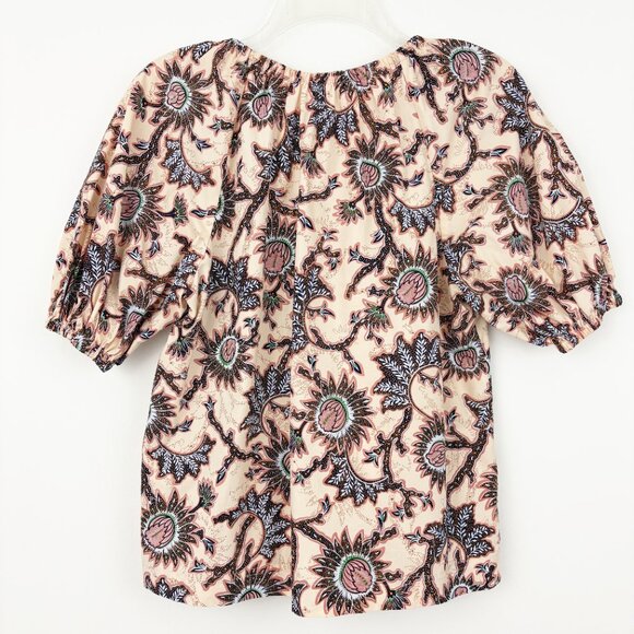 A.L.C. Elly Tie-Front Printed Top Size 2 Cotton Short Puff Sleeve Tassels Boho - Picture 3 of 11